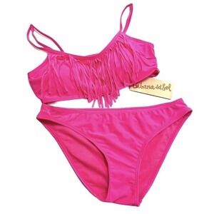 Cabana del Sol Hot Pink Fringe Bikini Top & Brief Bottoms Swim Set Bathing Suit
